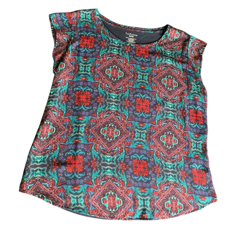 Van Heusen Womens Short Sleeve Multicolor Floral Print Top Size XLarge